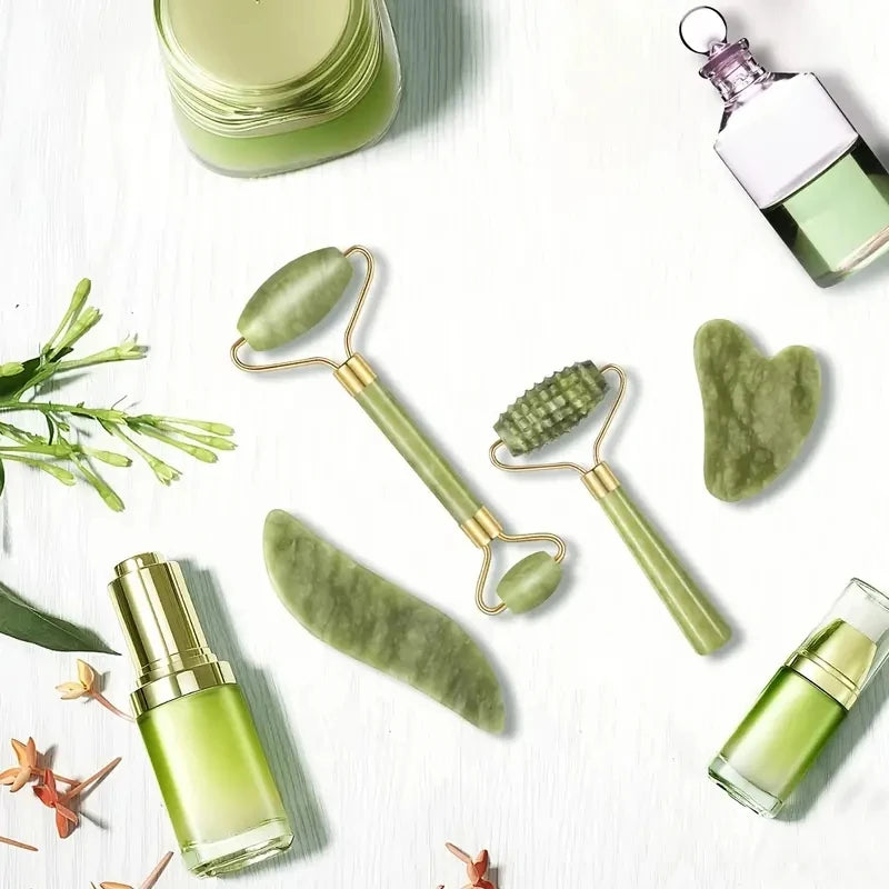Jade roller and Gua Sha set for facial and neck massage, promoting relaxation and skincare benefits