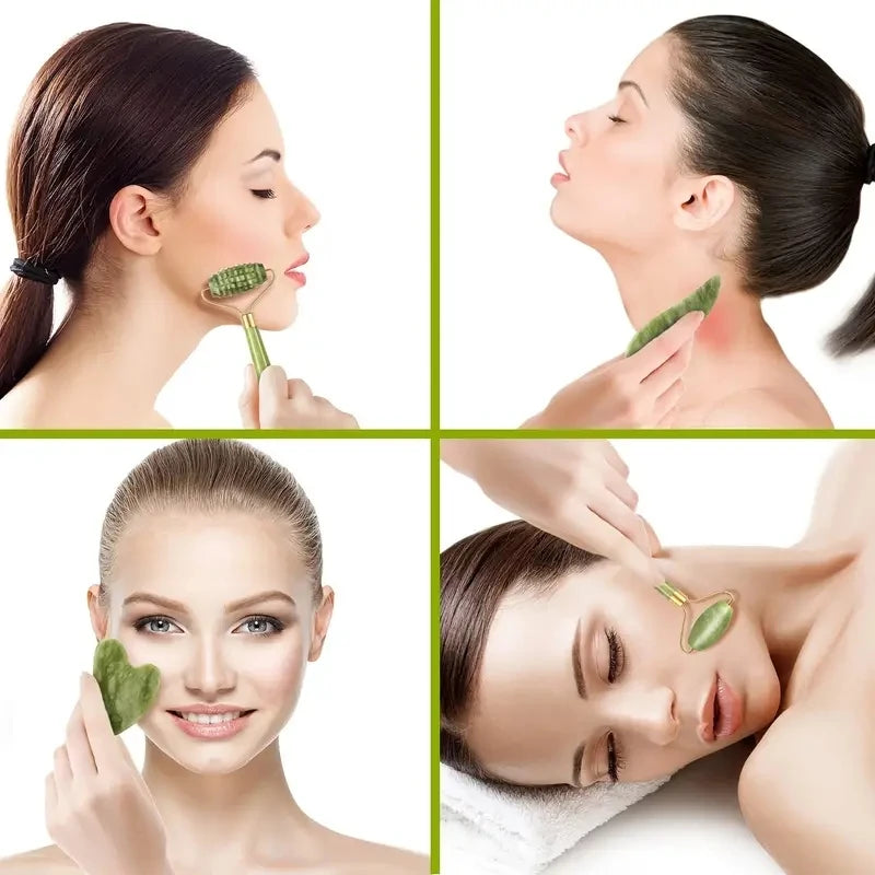 Woman using a Jade roller and Gua Sha set for facial and neck massage, promoting relaxation and skincare