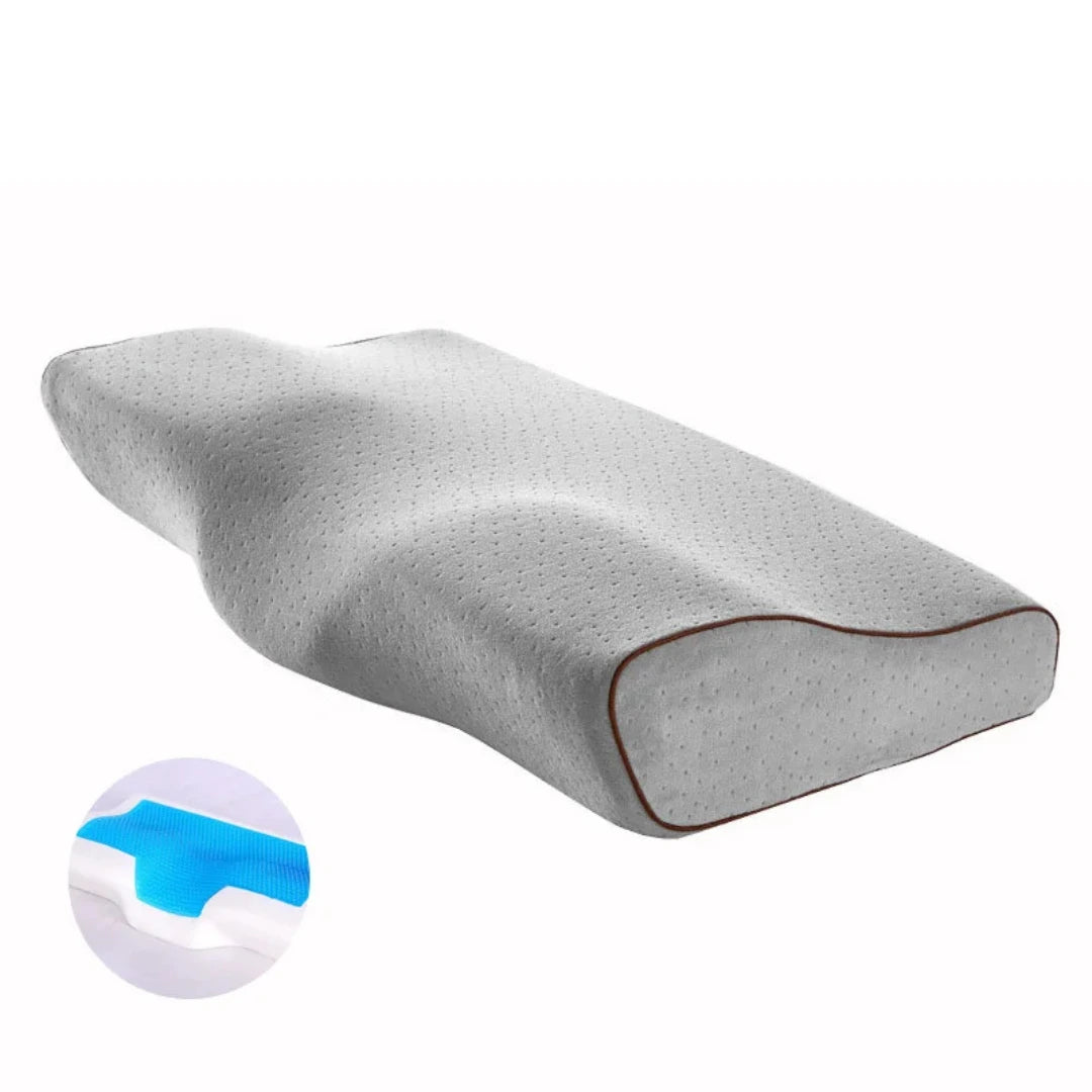 Gray orthopedic cooling pillow showcasing its structure and comfort