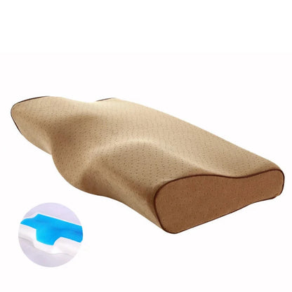 Brown orthopedic cooling pillow showcasing its structure and comfort