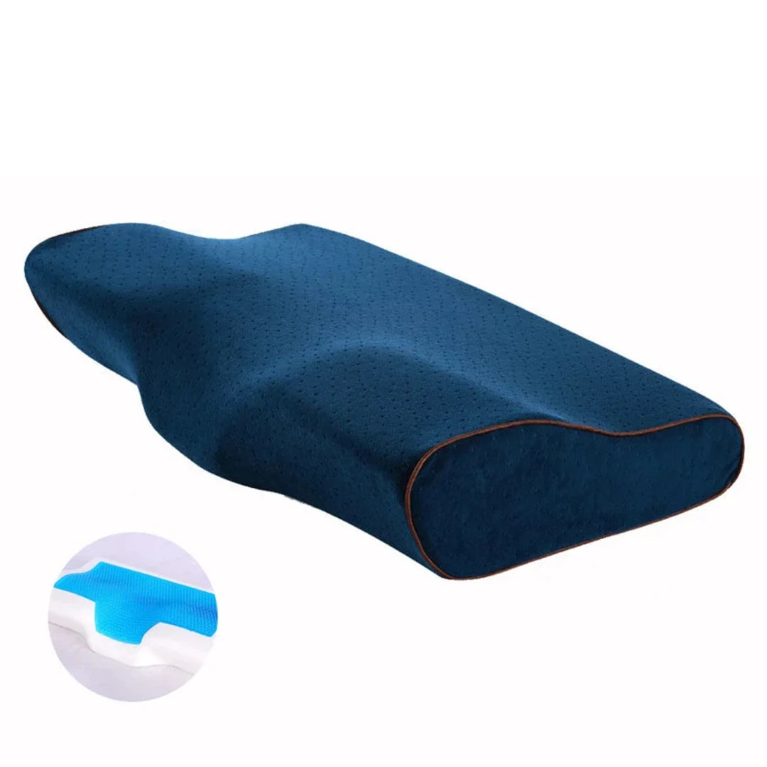 Navy bleu orthopedic cooling pillow showcasing its structure and comfort