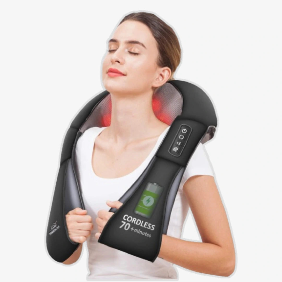 Woman using a 3D infrared heated Shiatsu massager for neck, back, and shoulder relief