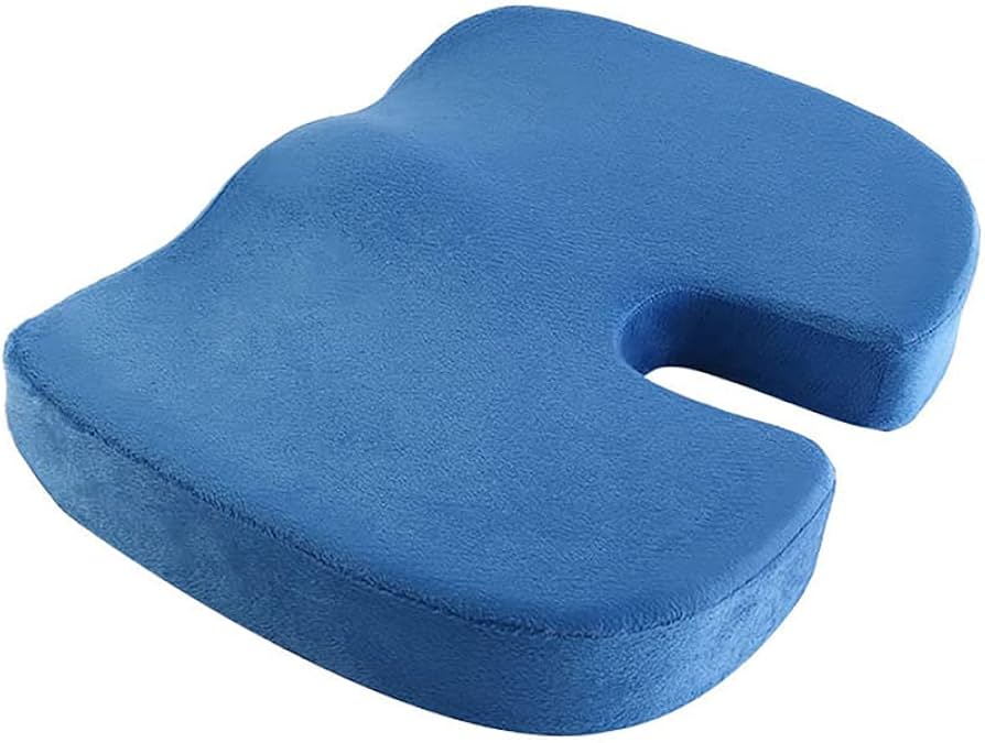 Orthopedic seat cushion in navy blue for back pain relief and posture support.