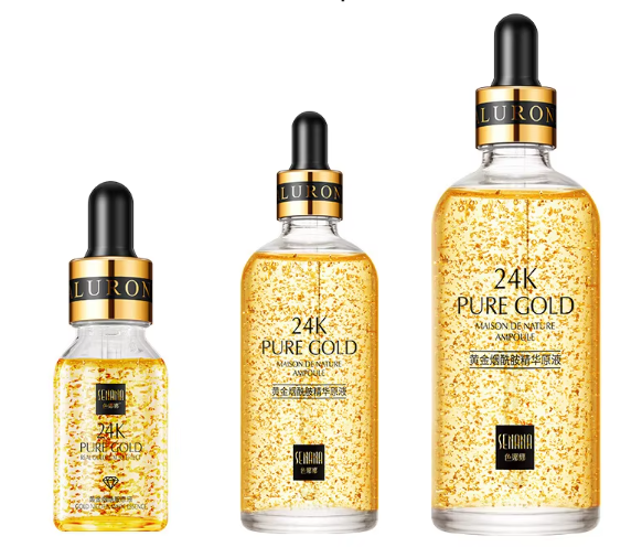 24K Gold Hyaluronic Acid Essence for brightening and firming skin.