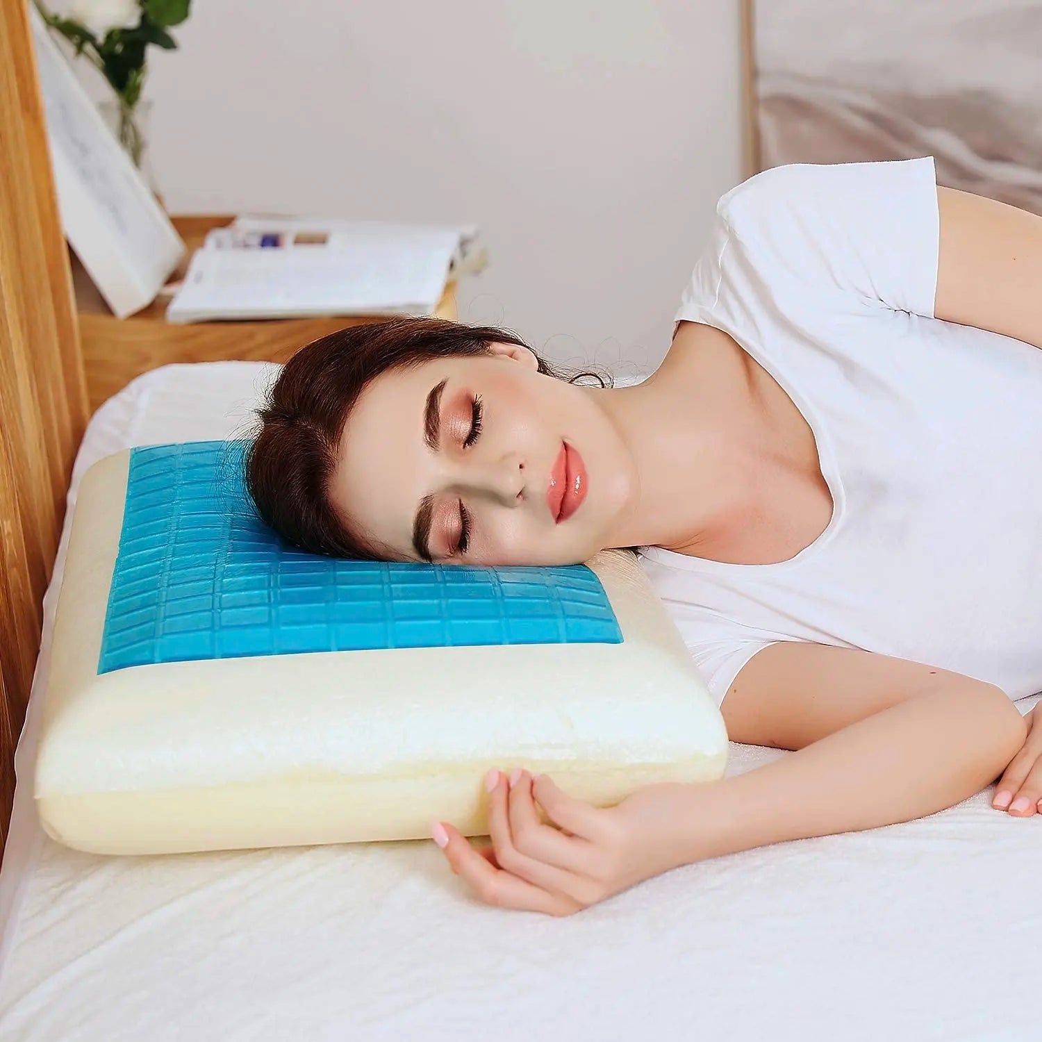 Woman enjoying a restful sleep with a cooling orthopedic pillow for neck pain relief and spinal support