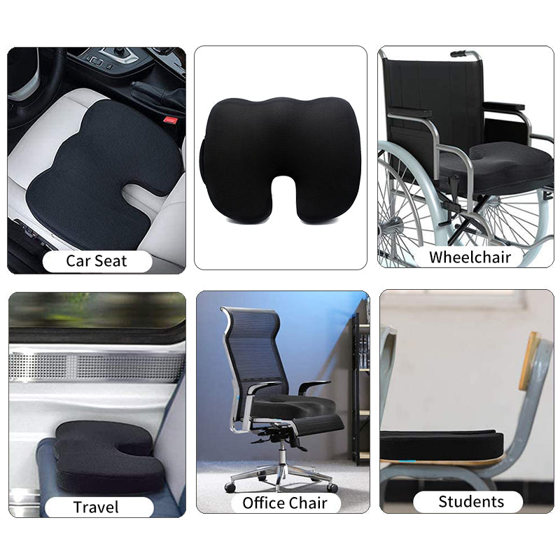 Orthopedic seat cushion usage for office chairs, car seats, wheelchairs, and home seating to improve posture and relieve back pain.