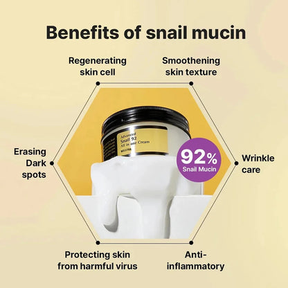 Advanced Snail Mucin 92% Repair Cream for intense hydration and skin barrier restoration.