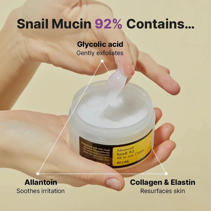 Advanced Snail Mucin 92% Repair Cream for intense hydration and skin barrier restoration.