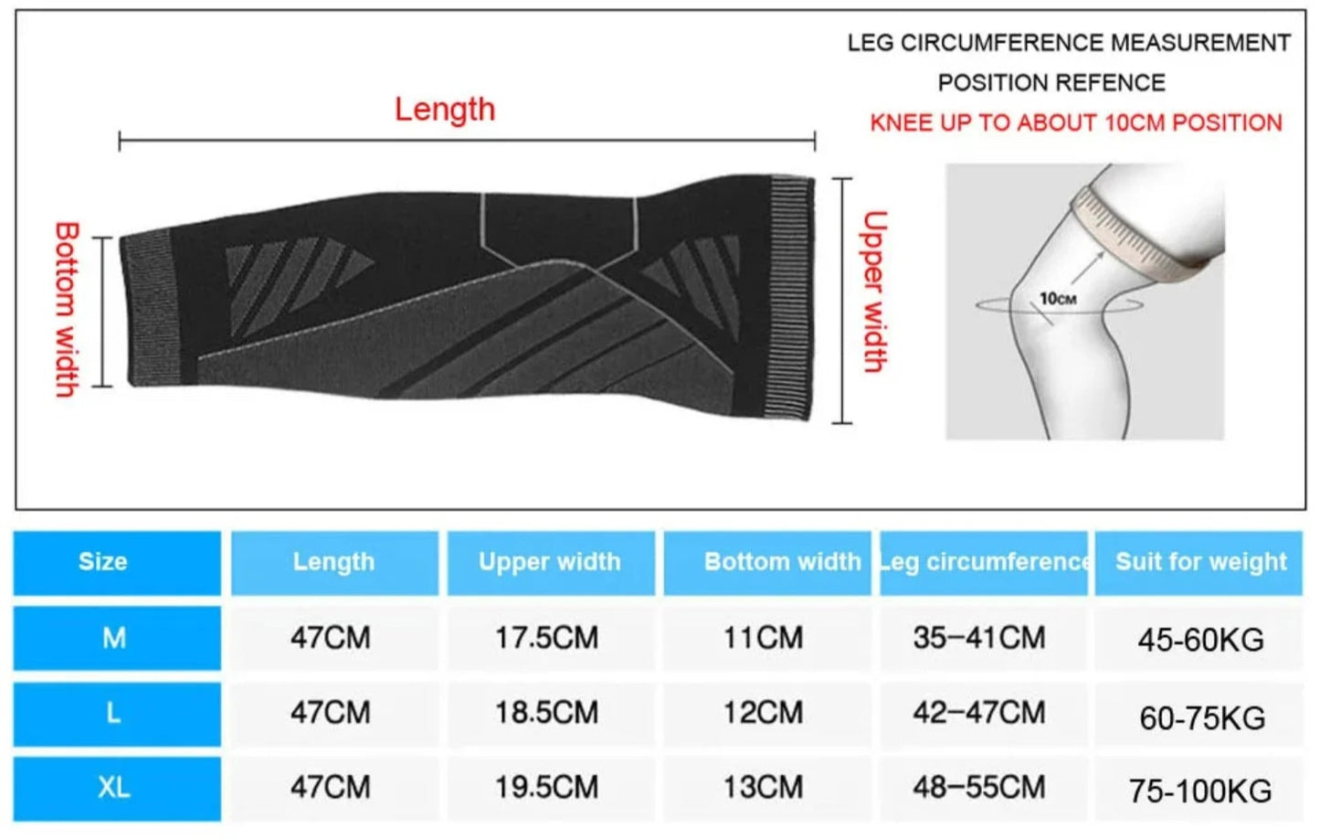 Size and dimensions of the compression knee brace for joint support