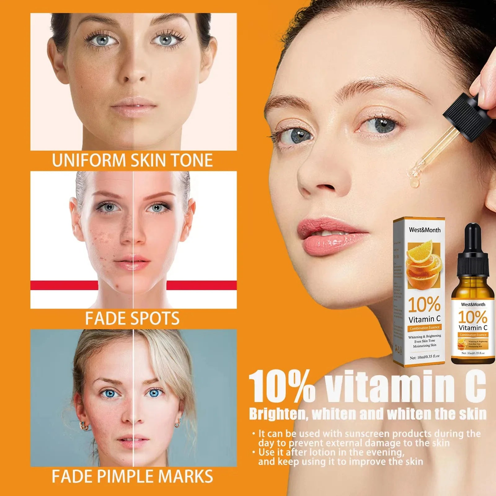 Before and after results of Vitamin C Facial Essence for dark spot reduction and anti-aging