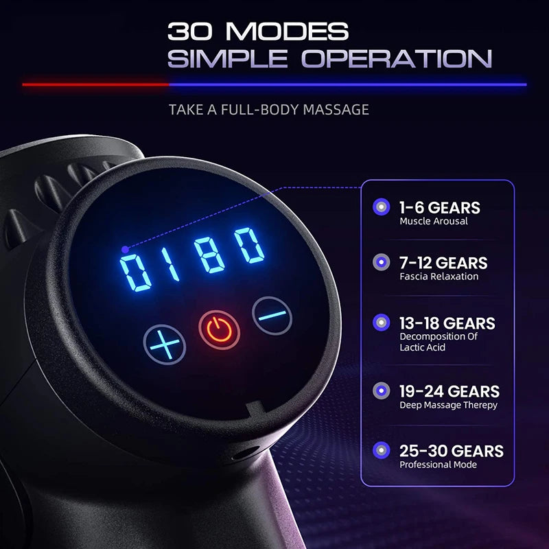 Percussion massage gun with 30 intensity levels for full-body muscle relief and recovery