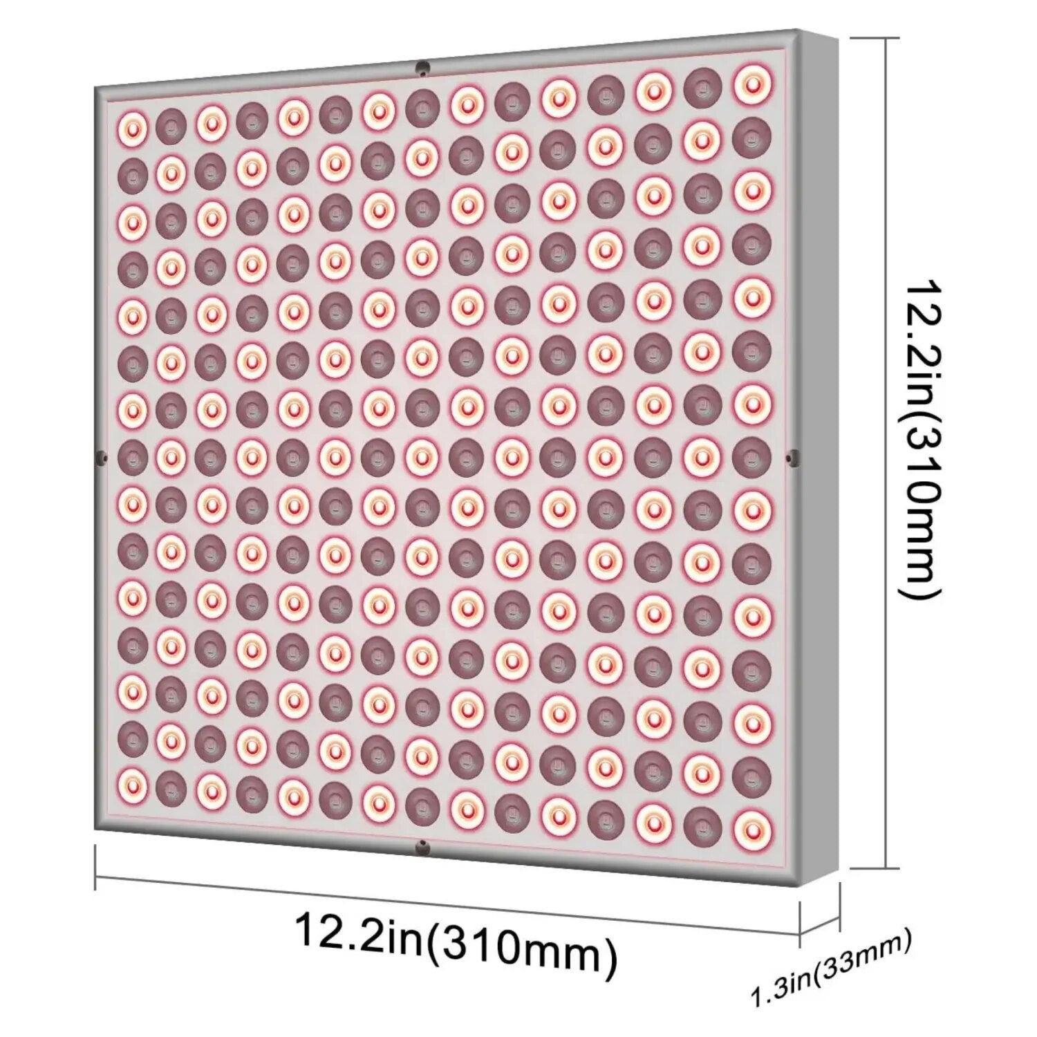 Red light therapy panel with dimensions displayed.