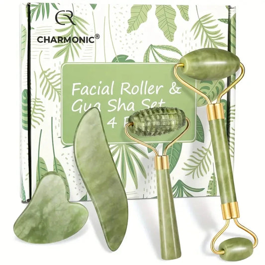 Jade roller and Gua Sha set for facial and neck massage, promoting relaxation and skincare benefits